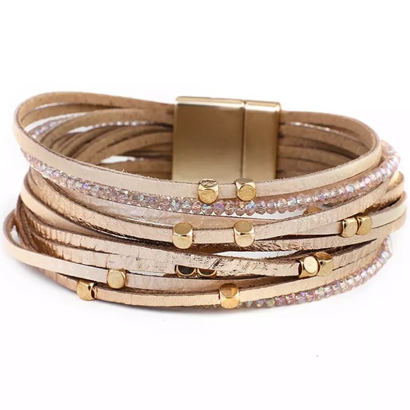 Jewelry - Rose Gold Metallic Leather Beaded Wrap Bracelet